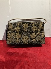 Vtg Zardozi Gold Metallic Black Hand Embroidered Evening Clutch Bag India