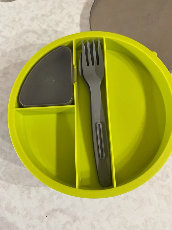 Pampered Chef Salad Cutting Bowl 100086 with Spoon & Fork 1463 Gray Green - Image 3 of 4