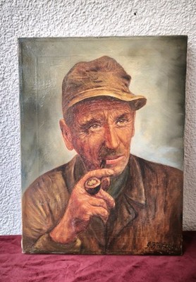 Original Vintage Oil Portrait Painting Man with Pipe signed S. Kaftan