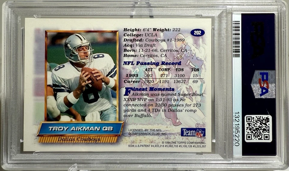 1994 Topps Finest Troy Aikman 1st Year Refractor card #202 PSA 8 Dallas Cowboys - Image 2 of 2