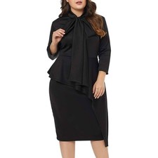 LALAGEN Plus Size Black Peplum Dress with Bow Tie Neck 3XL