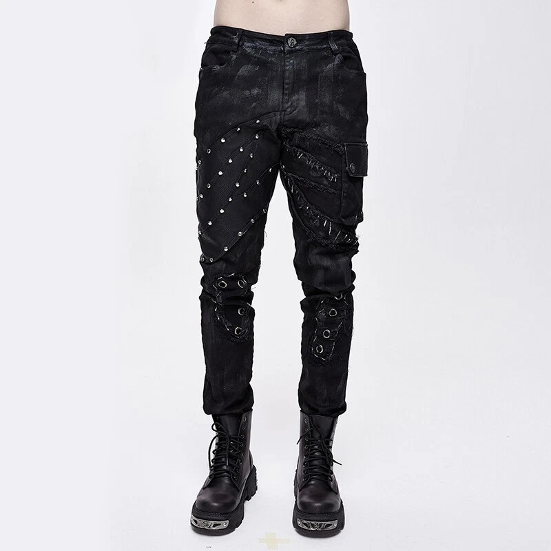 Devil Fashion Printed Men Black Studded Pants Cargo Pants Pocket Tactical Pants