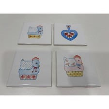 Vintage Ceramic Tiles Set of 4 Hand Painted Chicken Heart Folk Art Made in USA