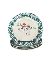 Thomson Pottery Winterland Green Holiday Snowman Dessert Plates 7.5” Set of 4