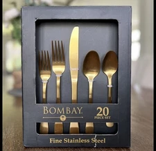 BOMBAY FINE STAINLESS STEEL 20 PCS FLATWARE SET, SANTORINI NIB Gold Plus Extras