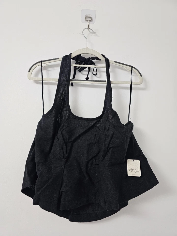 Free People Melted Away Halter Top Womens L Black Linen Blend Open Back - Image 2 of 4