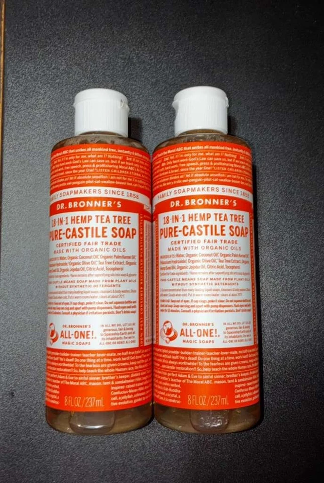 Dr. Bronner's Tea Tree Pure Castile Soap 8oz Organic Vegan Non-GMO 2 Pack - Image 2 of 4