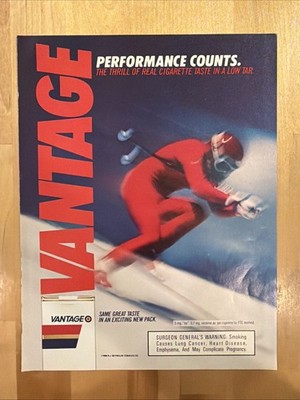 1986 Vantage Cigarettes Downhill Skiing PRINT AD Performance Counts VTG 1980s