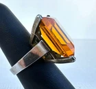 Sterling Silver Ring with Large Amber Glass Stone Size 6.5 Vintage Cocktail Ring