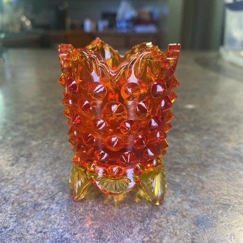 Fenton Fiery Amberina Hobnail Orange/ Red Glass Toothpick Holder Vintage