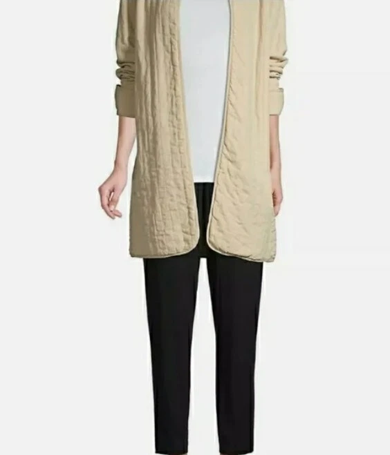 Eileen Fisher Quilted Tencel Linen Khaki High Back Open Front Jacket LG NWT  $378
