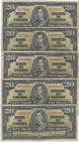 Bank of Canada 1937 $20 Dollars Lot of 5 Vintage Notes King George VI $100 Face - Picture 1 of 2