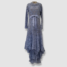 $6690 Oscar De La Renta Women's Blue Silk Eyelet High Neck Dress Size 12