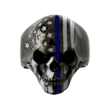 Black / Gunmetal Men's Skull Police Blue Stripe Stainless Steel Flag Ring 126