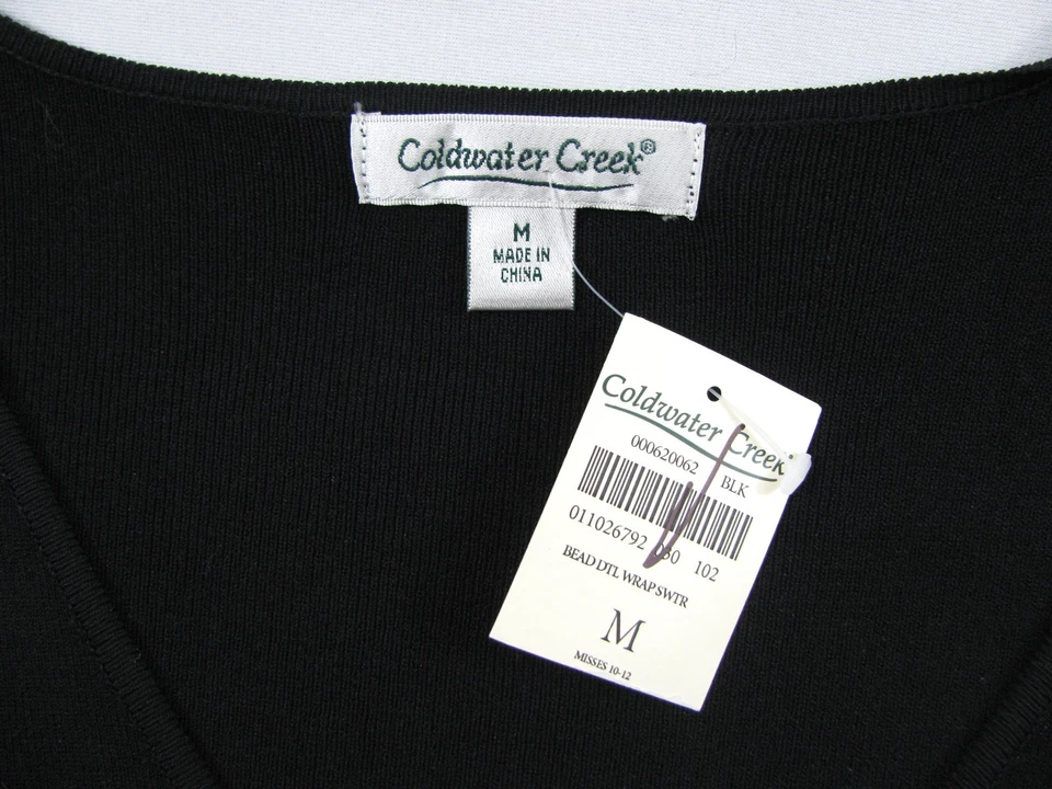 NUEVO CON ETIQUETAS Coldwater Creek Negro Borla Cuentas Cuerda Imitación Envolvente Suéter M 8 10 Camisa Top Foto 4 de 4