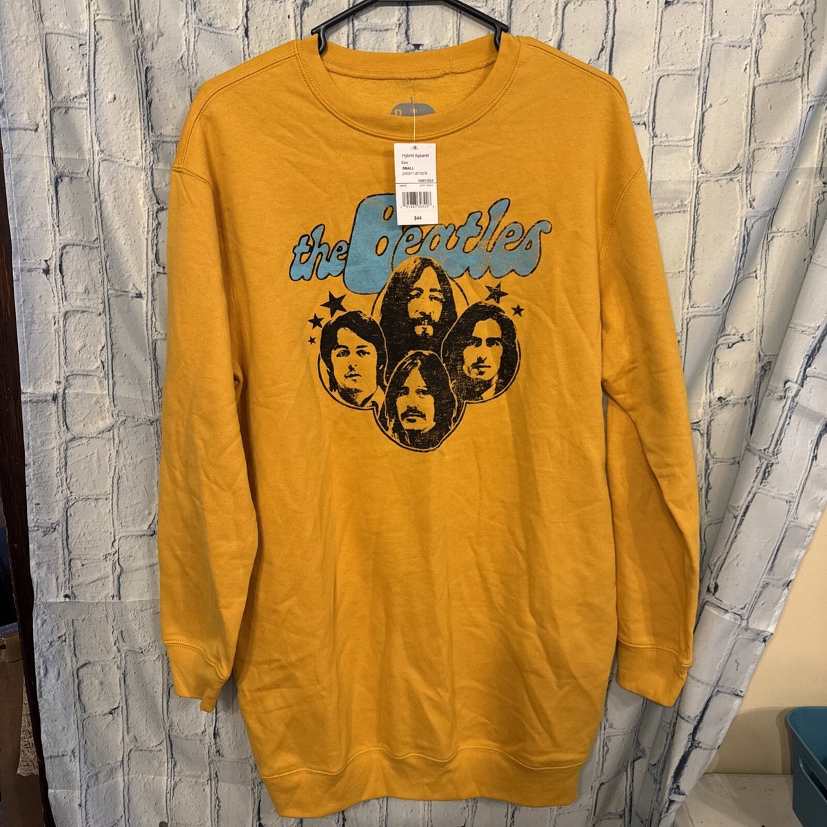 The Beatles Women Small Honey Gold Crew Neck Long Sweatshirt Dress NEW