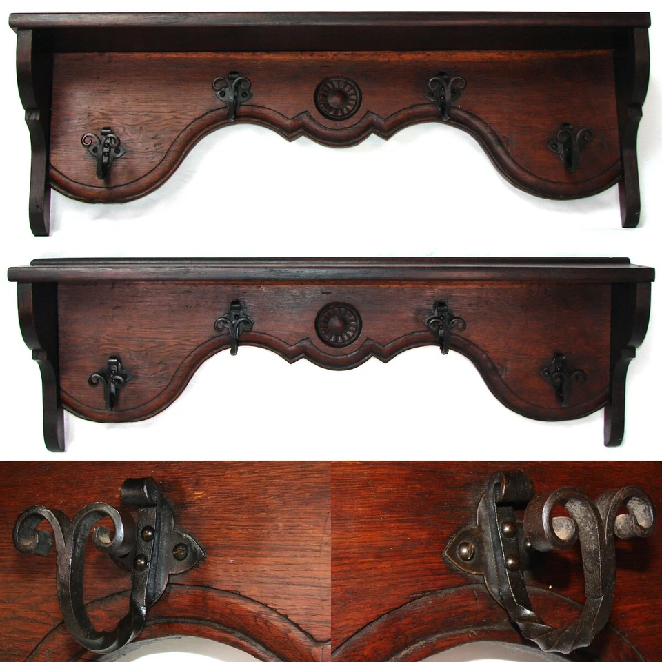 Large Antique Victorian Era 37.5" Oak Wall Shelf, Wrought Iron Hat or Coat Hooks - Image 4 of 4