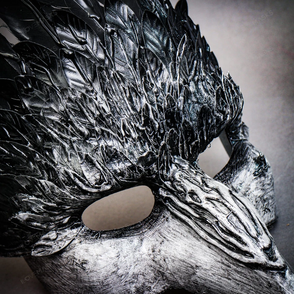 Grey Black Feather Masquerade Mask Short Nose Bird Costume for Halloween Party - Image 4 of 4