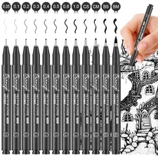 Black Micro Pen Set - 12 Assorted Sizes Fine Line Drawing Upgraded Pigment In...