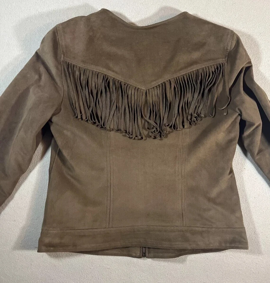 Chaqueta Abrigo Express Imitación Cuero Gamuza Mujer S Marrón Flecos Western Y2K Boho Foto 3 de 4