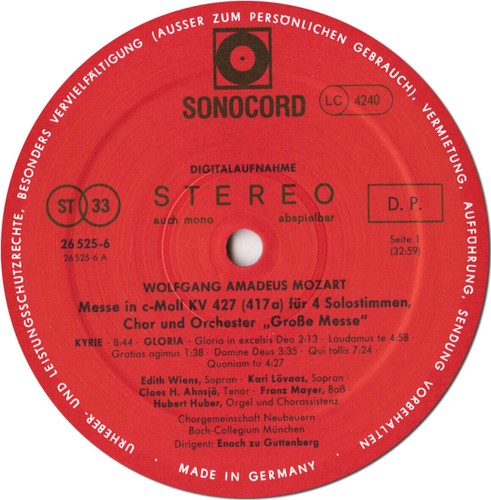 MOZART Mass K.427 WIENS LOVAAS AHNSJO GUTTENBERG Bach Collegium SONOCORD 26525 - Picture 3 of 3