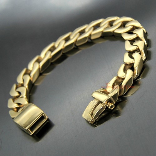 Pulsera de eslabón de cadena cubana de acero inoxidable pulida de 13 mm de ancho chapada en oro - Imagen 5 de 13