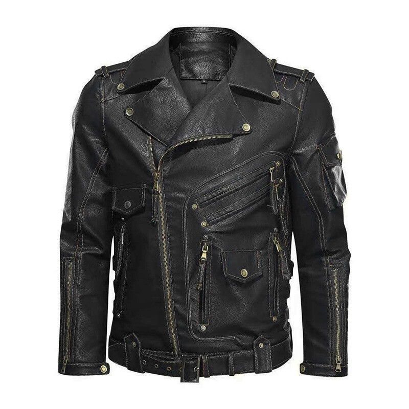 Mens Motorcycle PU Leather Jacket Multi-pocket Zipper Leather Jacket Punk Jacket
