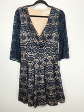 Eliza J Navy Blue Lace Nude Lined V-Neck Fit Flare Dress Size 10 NWT