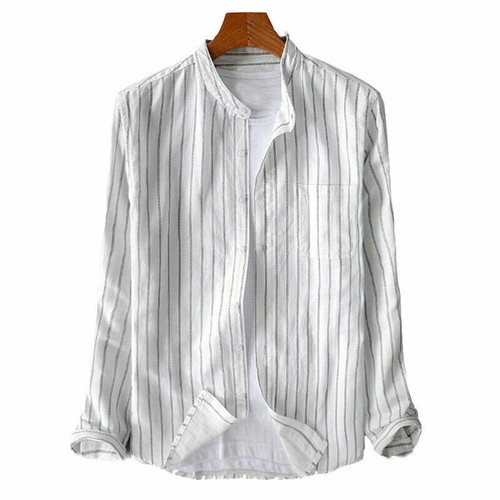Mens Shirt Long Sleeve Striped Retro Collarless Grandad Casual Dress Shirts Tops - Picture 11 of 12