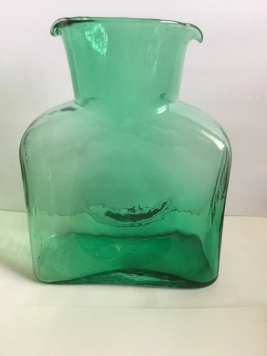 Vintage MCM Blenko Emerald Green Glass Double Spout Water Pitcher Carafe 8"