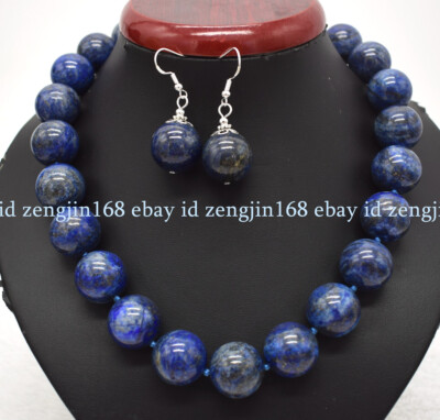 Huge 20mm Natural Blue Lapis Lazuli Gemstone Beads Necklace Earrings Set 18'' AAA