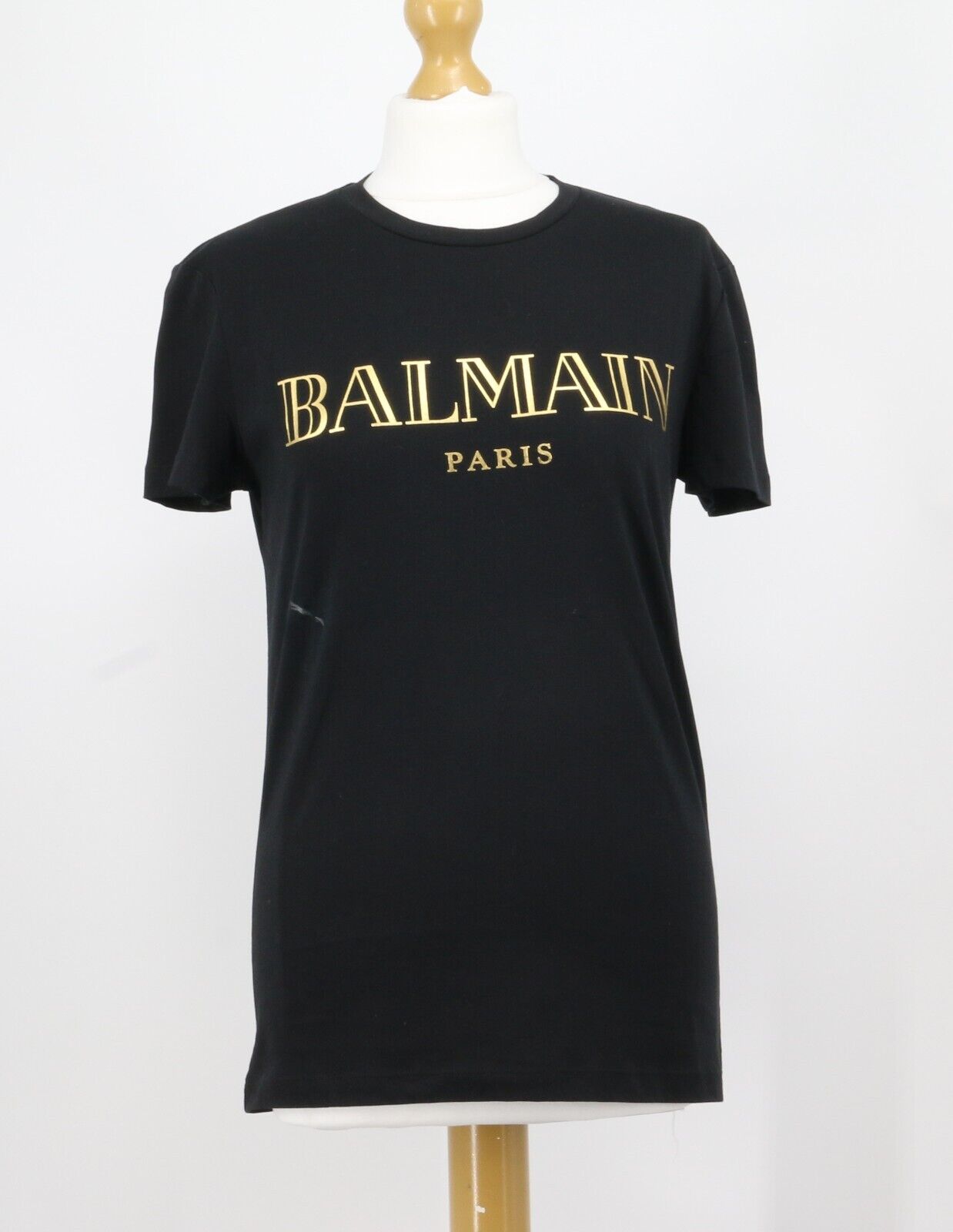 BALMAIN GOLD LOGO PRINT WOMENS BLACK T-SHIRT UK XS RRP £350 MB