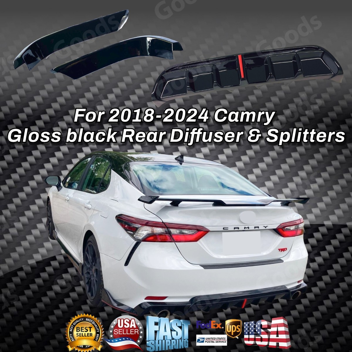 Gloss Black GR Style Rear Bumper LED Diffuser For 2018-2024 Toyota Camry LE & XLE - 3-Piece Kit 5 thumbnail image