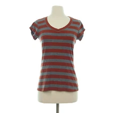 J.O & Co Women's Orange Striped V-Neck T-Shirt Top - Size Small