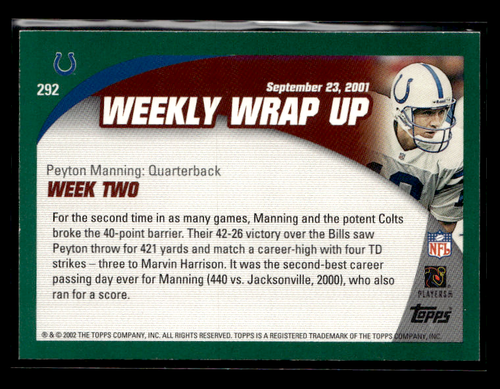2002 Topps #292 Peyton Manning Weekly Wrap Up - Picture 2 of 2