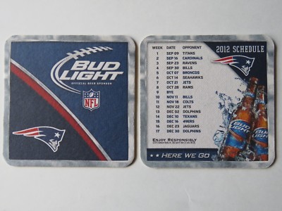 Beer Brewery Coaster ~ BUD LIGHT 2012 New England Patriots NFL Football Schedule