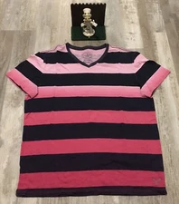 American Eagle T Shirt Athletic Fit V-Neck Mens Size Large Pink Navy Striped