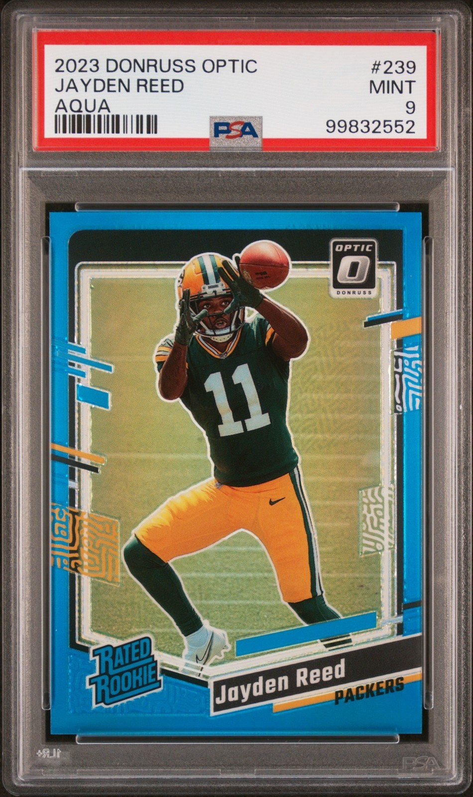 2023 Donruss Optic Jayden Reed AQUA /299 RATED ROOKIE PSA 9 #239 Packers