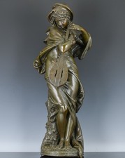 SUPERB V.LARGE c1900 ANTIQUE JEAN BULIO FRENCH WOMAN w LYRE BRONZE SCULPTURE N/R