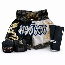 Kids Muay Thai Shorts Fight Boxing Two Tone Starter Kit Hand Wraps Ankle Support