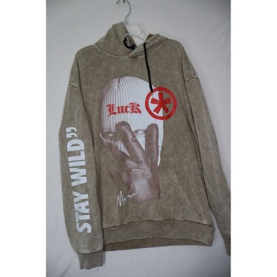 Romwe Mens Acid Wash Graphic Hoodie Brown Stay Wild Luck Balaclava Streetwear M