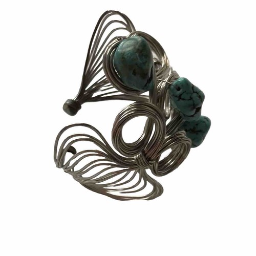 Large Statement Cuff Bracelet Chunky Faux Turquoise Stones Silver Tone Swirly - Picture 4 of 8