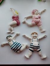 Set of 4 Vintage Ceramic Bathing Beauty Wall Plaques - Retro Bather Swimmers