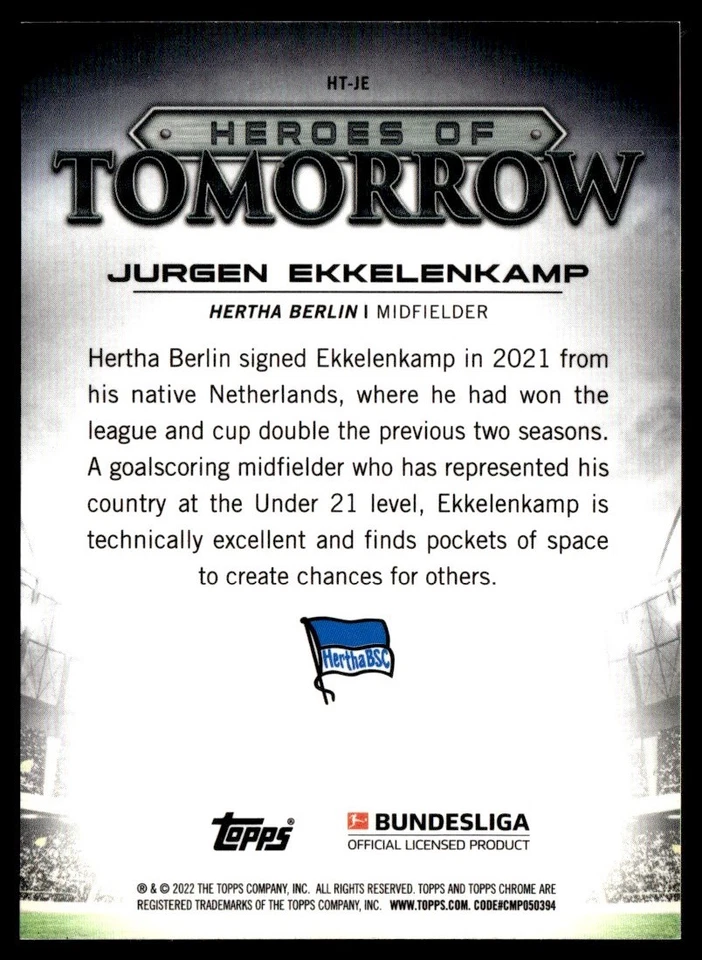 2021 Topps Chrome Bundesliga Heroes of Tomorrow Jurgen Ekkelenkamp Hertha BSC - Image 2 of 2