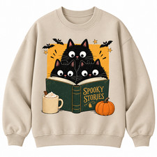 Black Cat Halloween Sweatshirt Spooky Reading Book Lover Fall Reader Gift