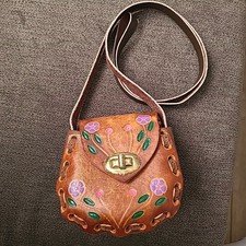 Vintage Mexican Hand Painted Floral Tooled Leather Mini Bag Purse Brown Girls