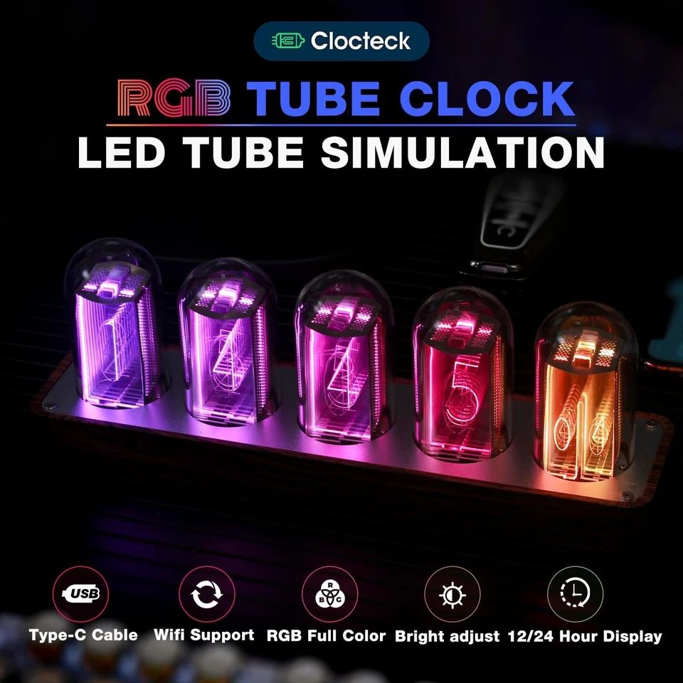 ClocTeck Nixie Tube Clock Wi-Fi Sync & 16 Million Customizable Colors, Retro Mod - Image 3 of 4