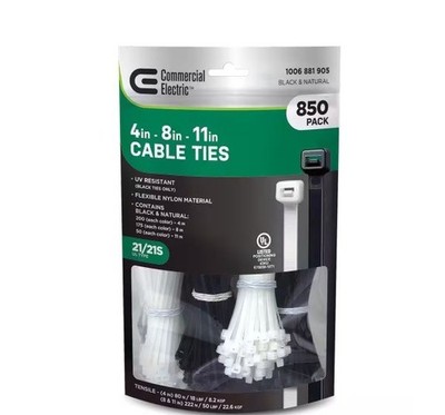 Commercial Electric 4'', 8'', 11'' Standard UL 21S Rated UV Resistant Cable Zip Tie