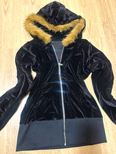 Women  s Black Velour Full-Zip Hooded Hoodie Faux Fur Trim Long Sleeve S