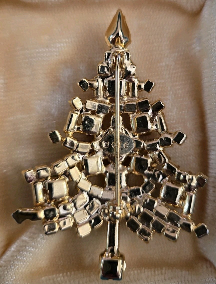 OTC Christmas Tree Brooch*Colored Rhinestones*Goldtone*Signed View 2